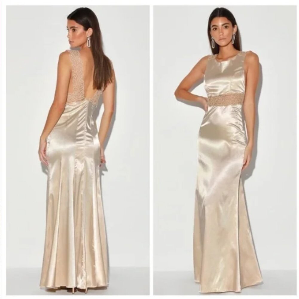 Lulus Marvelous Night Champagne Satin Embroidered Mermaid Maxi Dress Size M